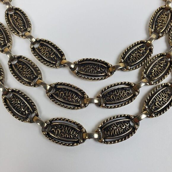 Vtg Sarah Coventry 60s Oval Gold Black Tone Chain Triple Strand Choker Necklace - Picture 4 of 12